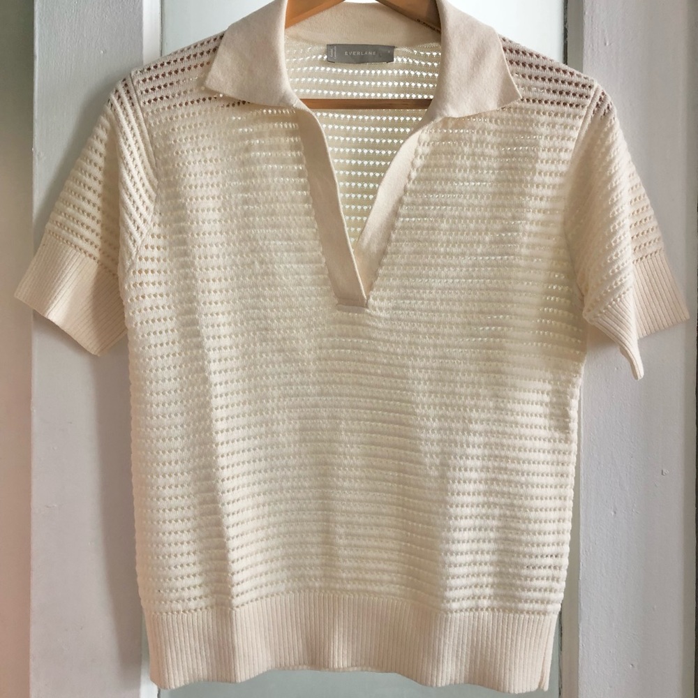 Everlane Cotton-Merino Polo Open Stitch Top in Bone Size Small